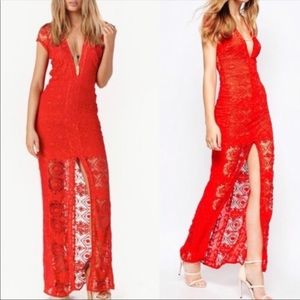 For Love and Lemons red lace maxi dress.